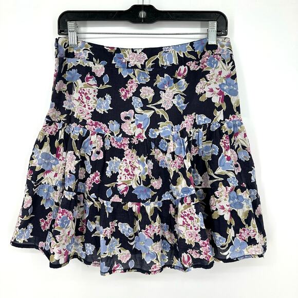 Loft Skirt Womens 4 Navy Blue Floral Mini Tiered Cottage Boho Cotton Zip Flowy - Picture 3 of 10